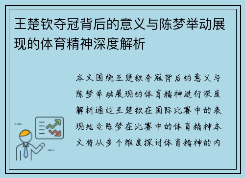 王楚钦夺冠背后的意义与陈梦举动展现的体育精神深度解析